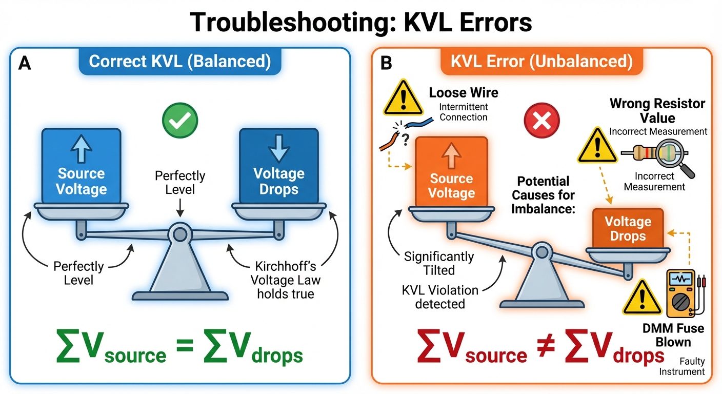 A "Troubleshooting" infographic. Split into two panels. Panel A: "Correct KVL" showing a balanced sc...