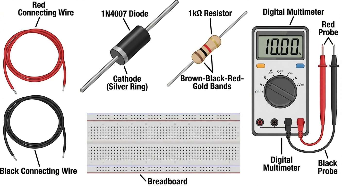 A realistic illustration of the components required for the diode experiment. Show a black cylindric...