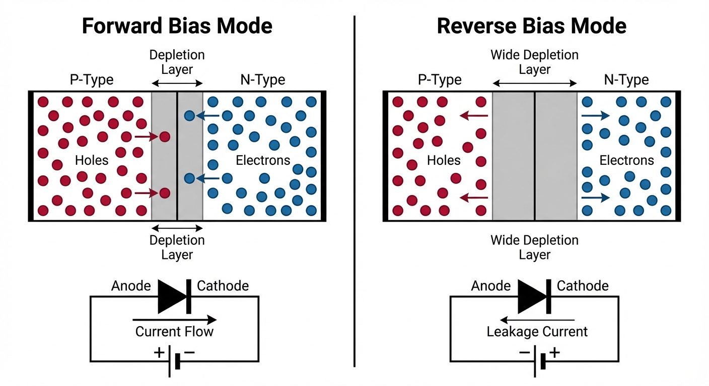 A split diagram showing the physics of a PN Junction Diode. Left side: Forward Bias mode showing the...
