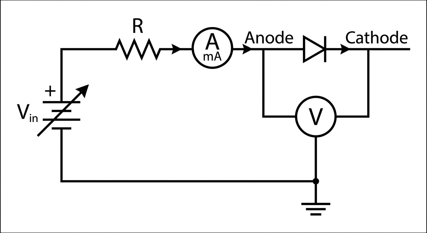 A standard 2D electrical circuit schematic for Forward Bias Diode characteristics. A variable DC vol...