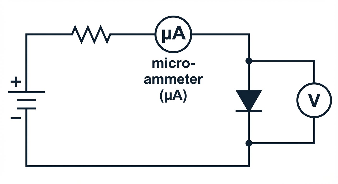 A standard 2D electrical circuit schematic for Reverse Bias Diode characteristics. Similar to the fo...