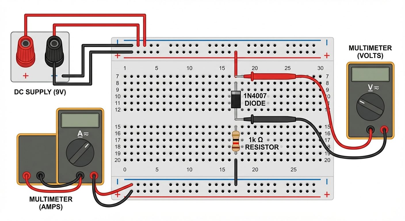 A realistic top-down breadboard wiring diagram. Show the power rails connected to a DC supply. Place...