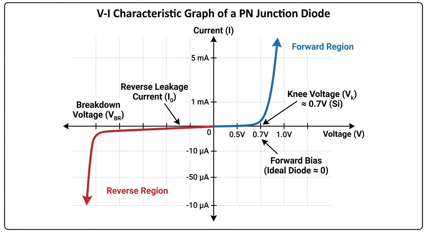 A V-I Characteristic Graph of a PN Junction Diode. The graph has four quadrants. Quadrant 1 (top rig...