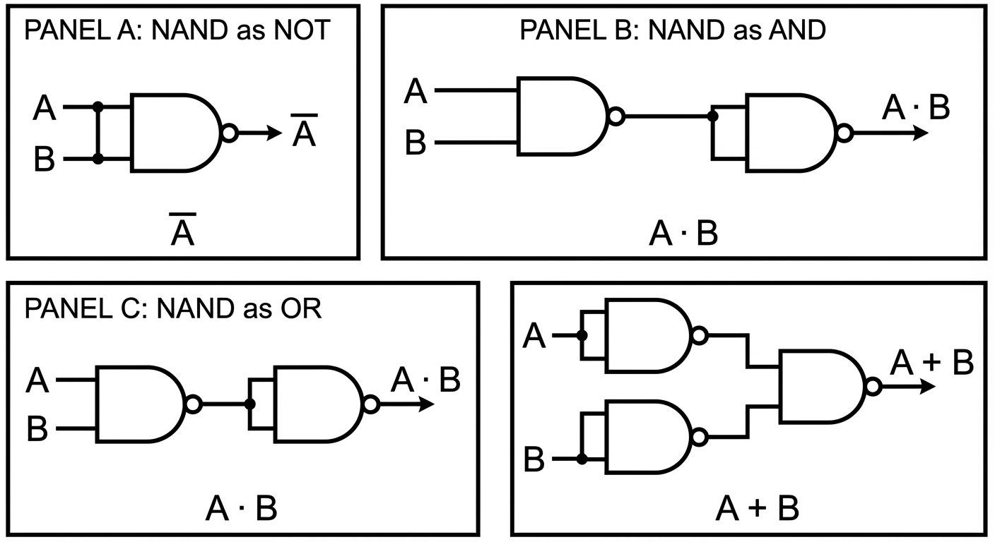 A comprehensive diagram showing the realization of basic gates using NAND gates. Panel A shows "NAND...