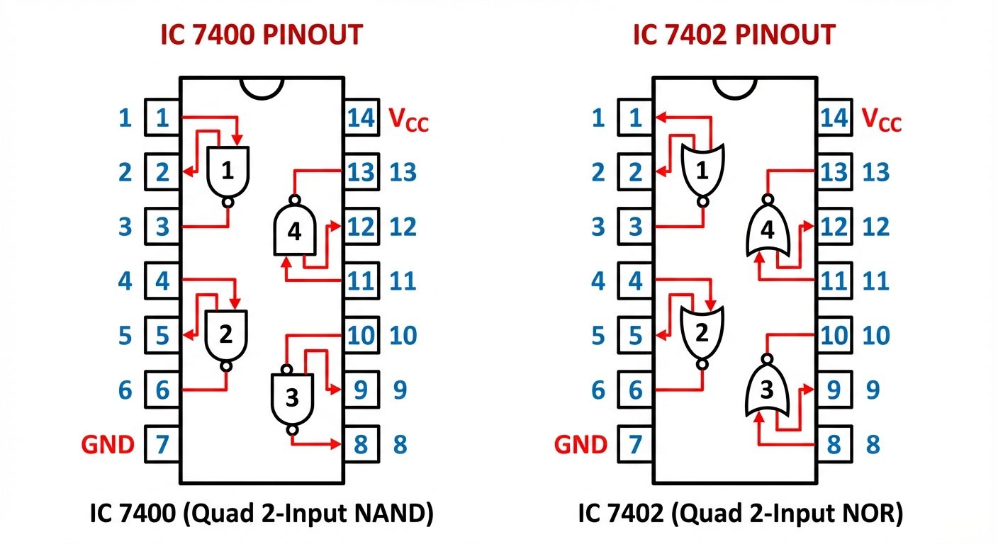 Detailed pinout diagrams for IC 7400 and IC 7402 side-by-side. Left side: IC 7400 (Quad 2-Input NAND...