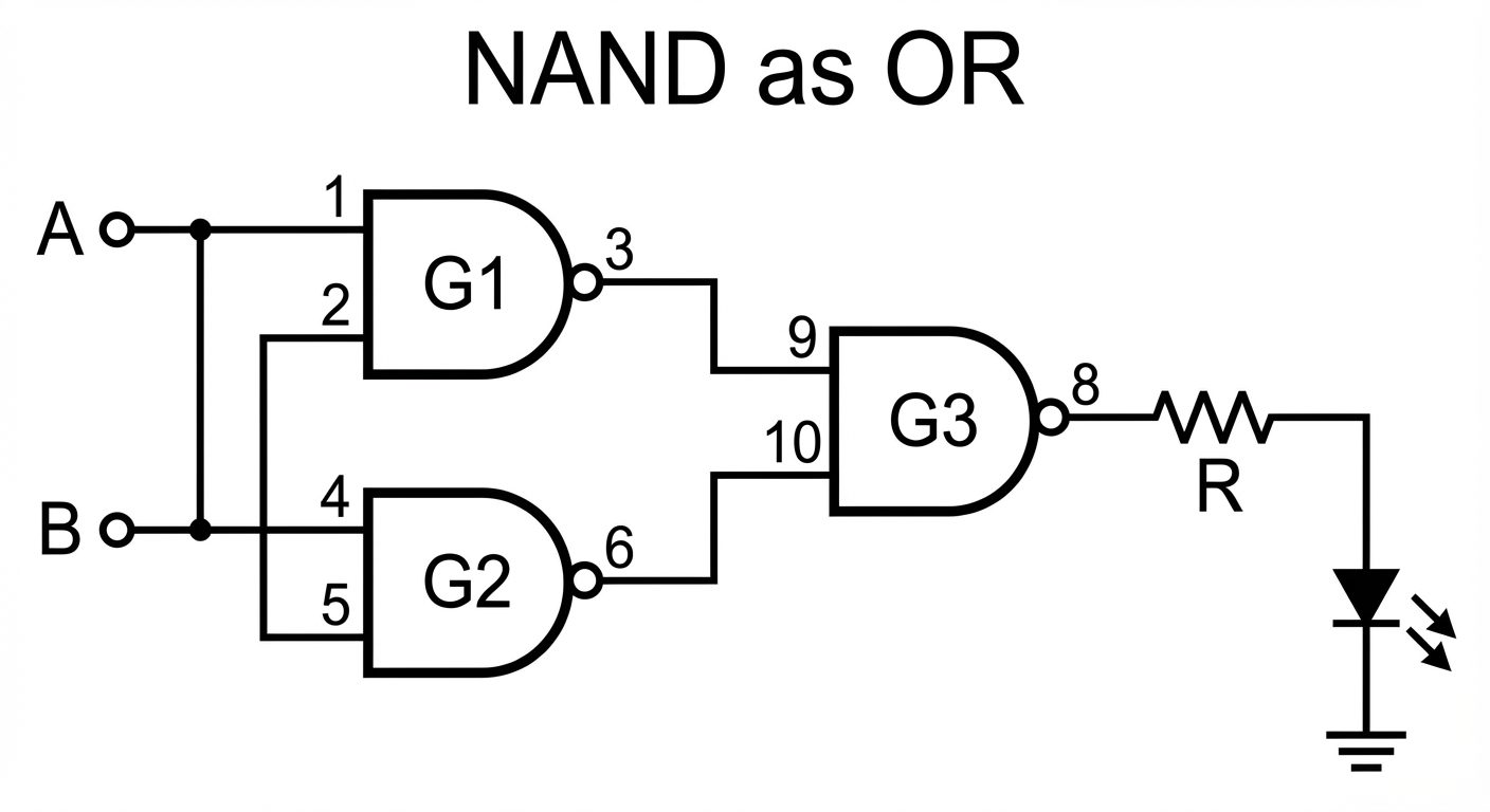 A clean circuit schematic specifically for "NAND as OR". Show three NAND gates labeled G1, G2, and G...