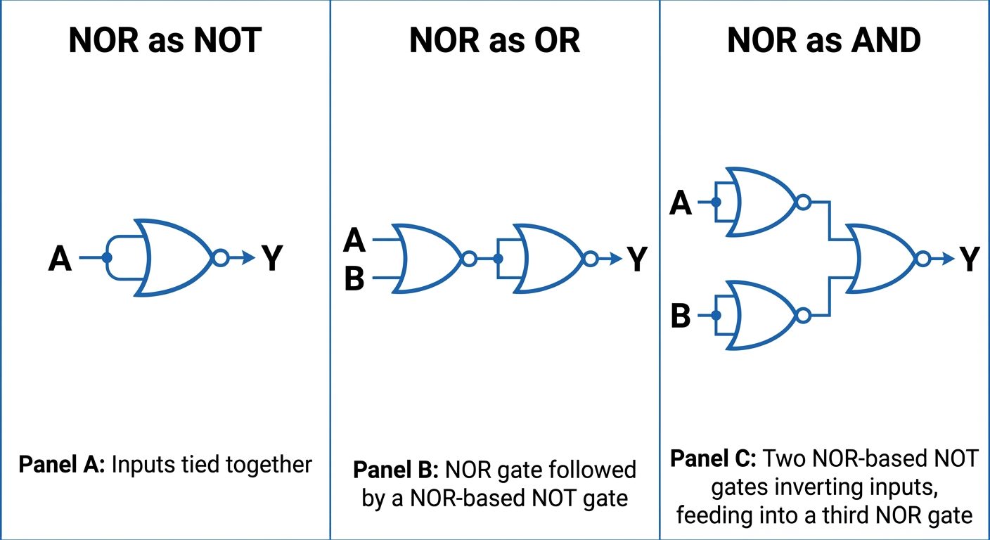 A detailed diagram showing the realization of basic gates using NOR gates. Panel A: "NOR as NOT" (in...