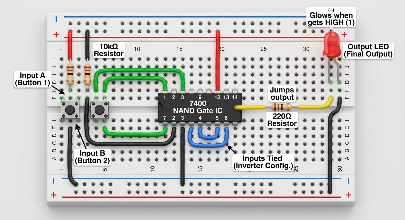A realistic 3D-style illustration of a breadboard setup for this experiment. Show a 7400 IC in the c...