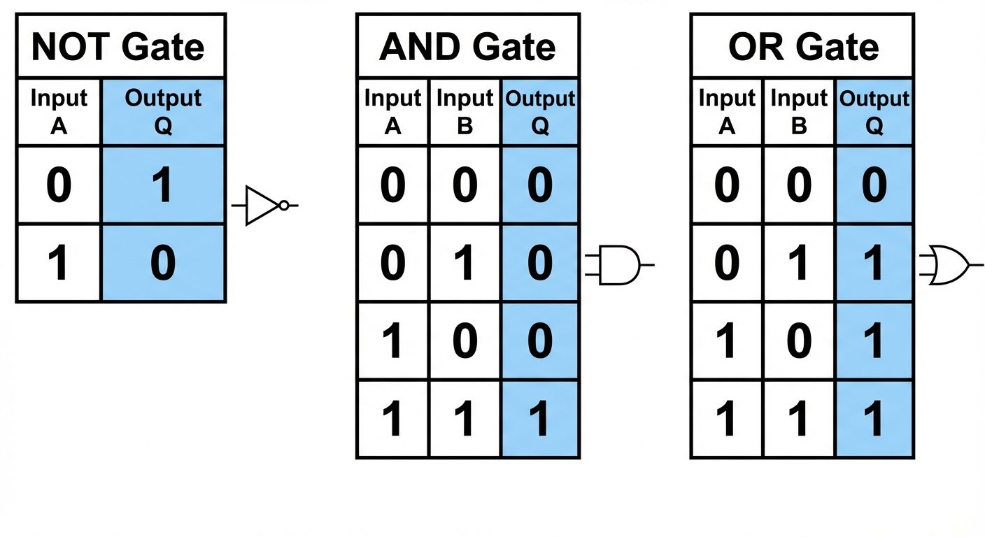 A high-contrast visualization of Truth Tables. Display three distinct tables side-by-side labeled "N...