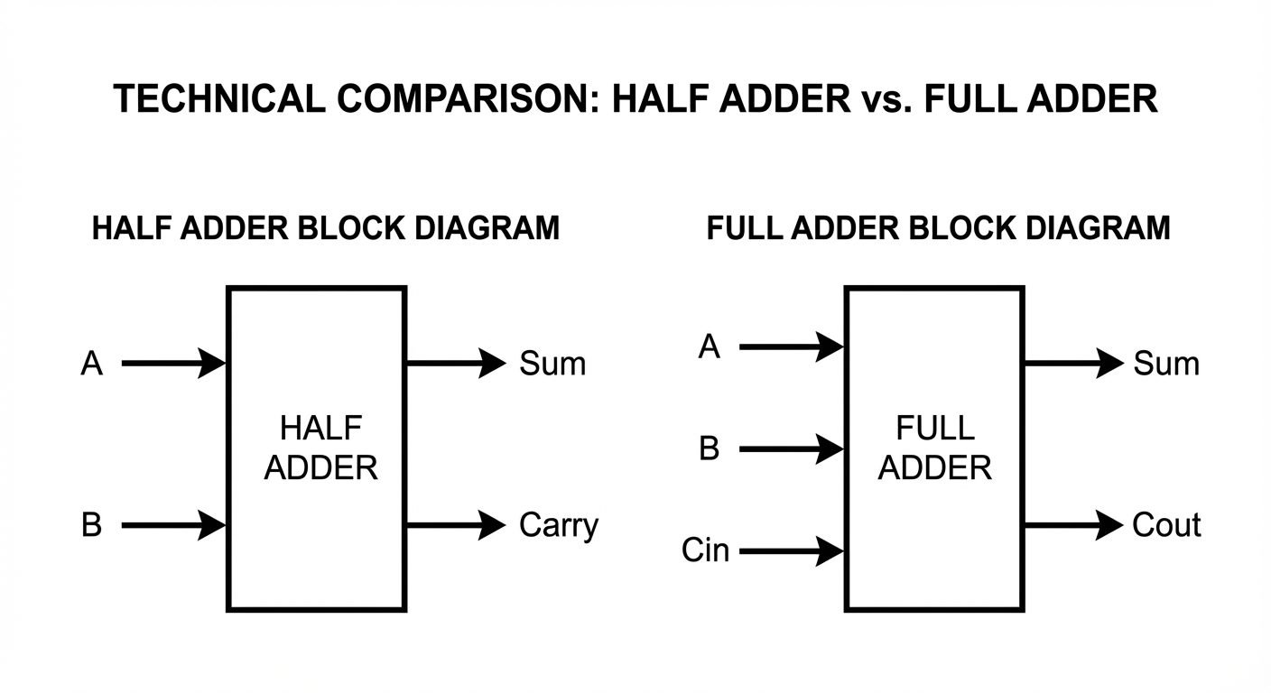 Create a technical comparison diagram showing the Block Diagrams of a Half Adder and a Full Adder si...