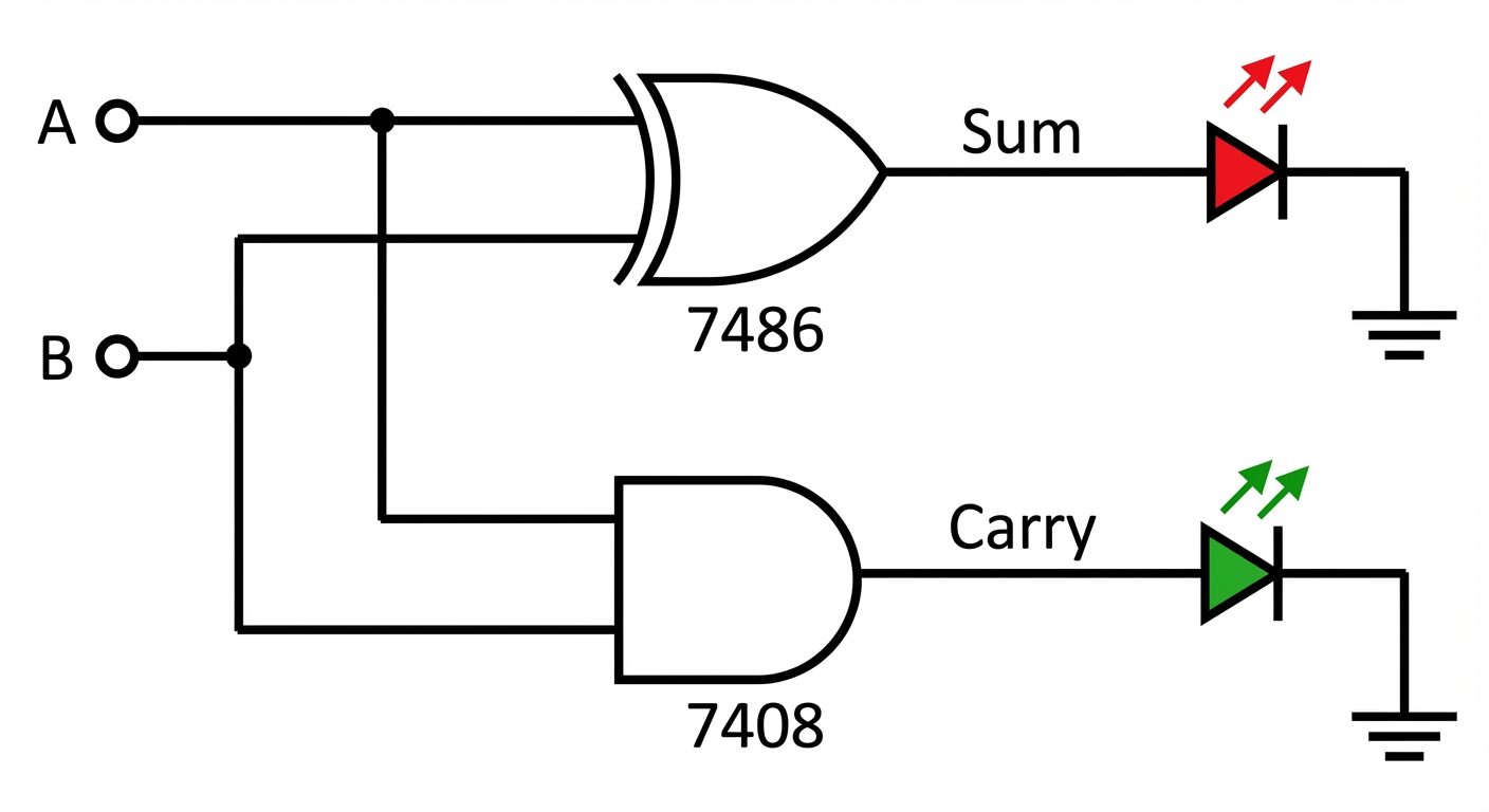 A schematic circuit diagram of a Half Adder. Show one XOR gate and one AND gate. Inputs A and B bran...