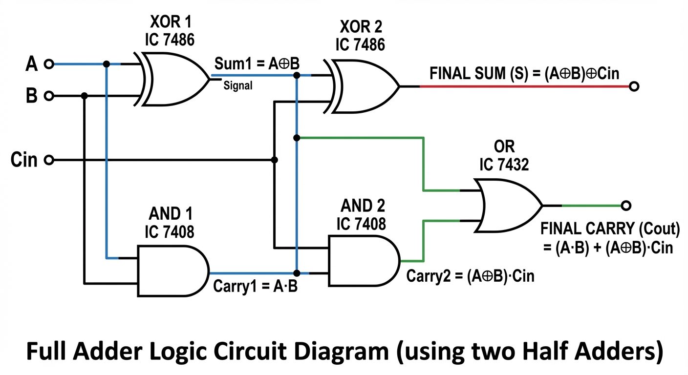 A detailed logic circuit diagram of a Full Adder implemented using two Half Adders. Show two XOR gat...