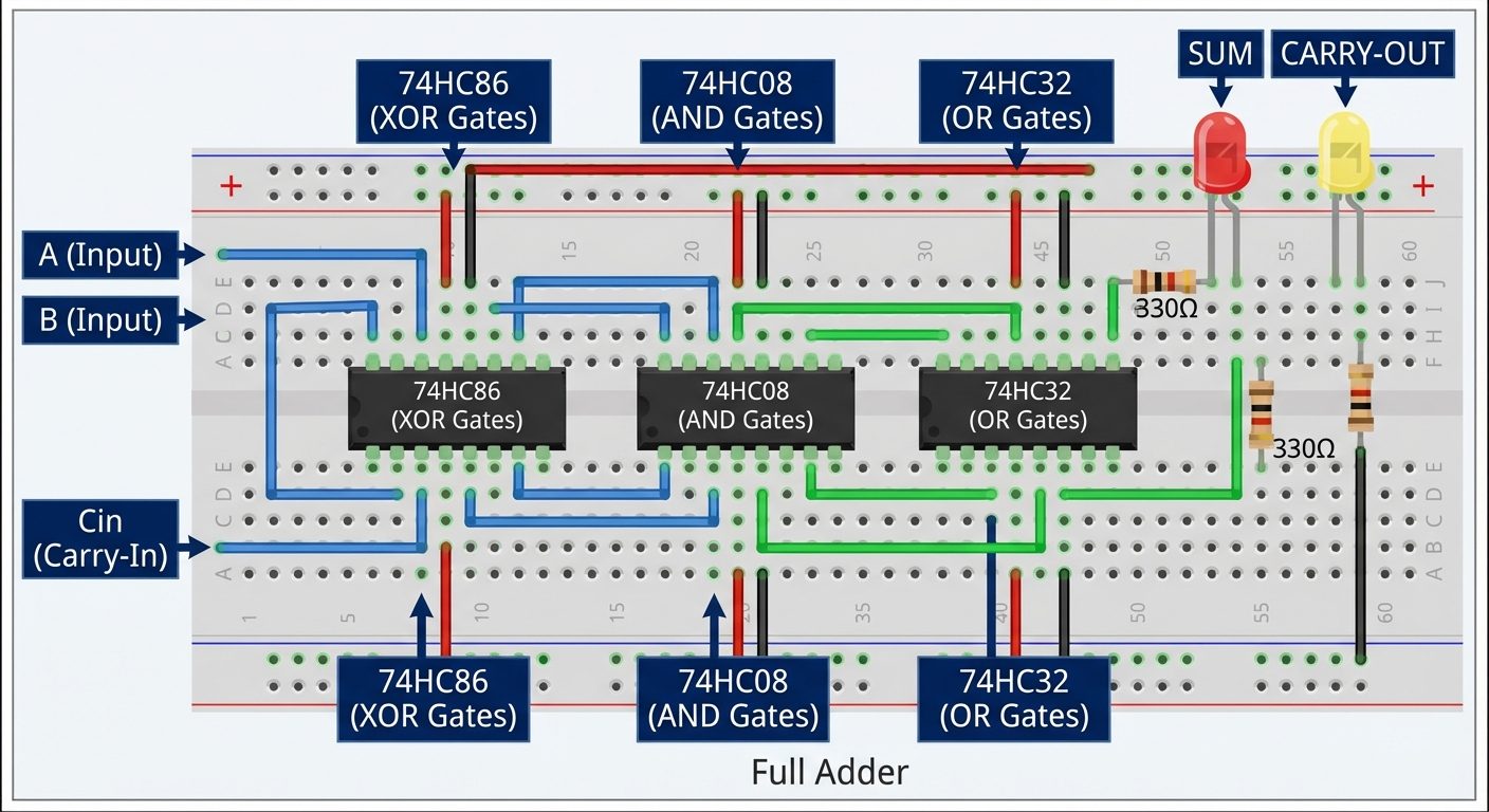 A realistic top-down breadboard wiring visualization for a Full Adder. Show three IC chips placed on...