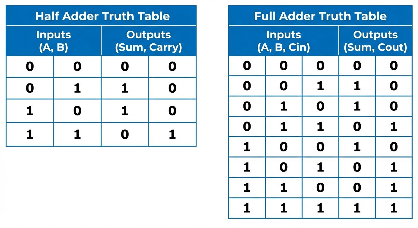 A high-contrast graphic image showing two distinct Truth Tables side-by-side.
Left Table: "Half Adde...
