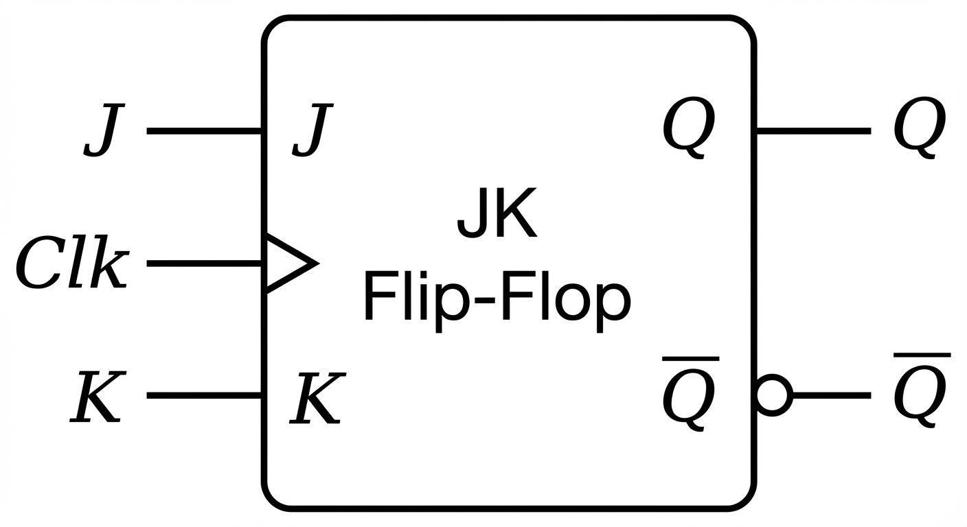 A clear logic symbol diagram of a JK Flip-Flop. Show a rectangular block labeled 'JK Flip-Flop'. On ...