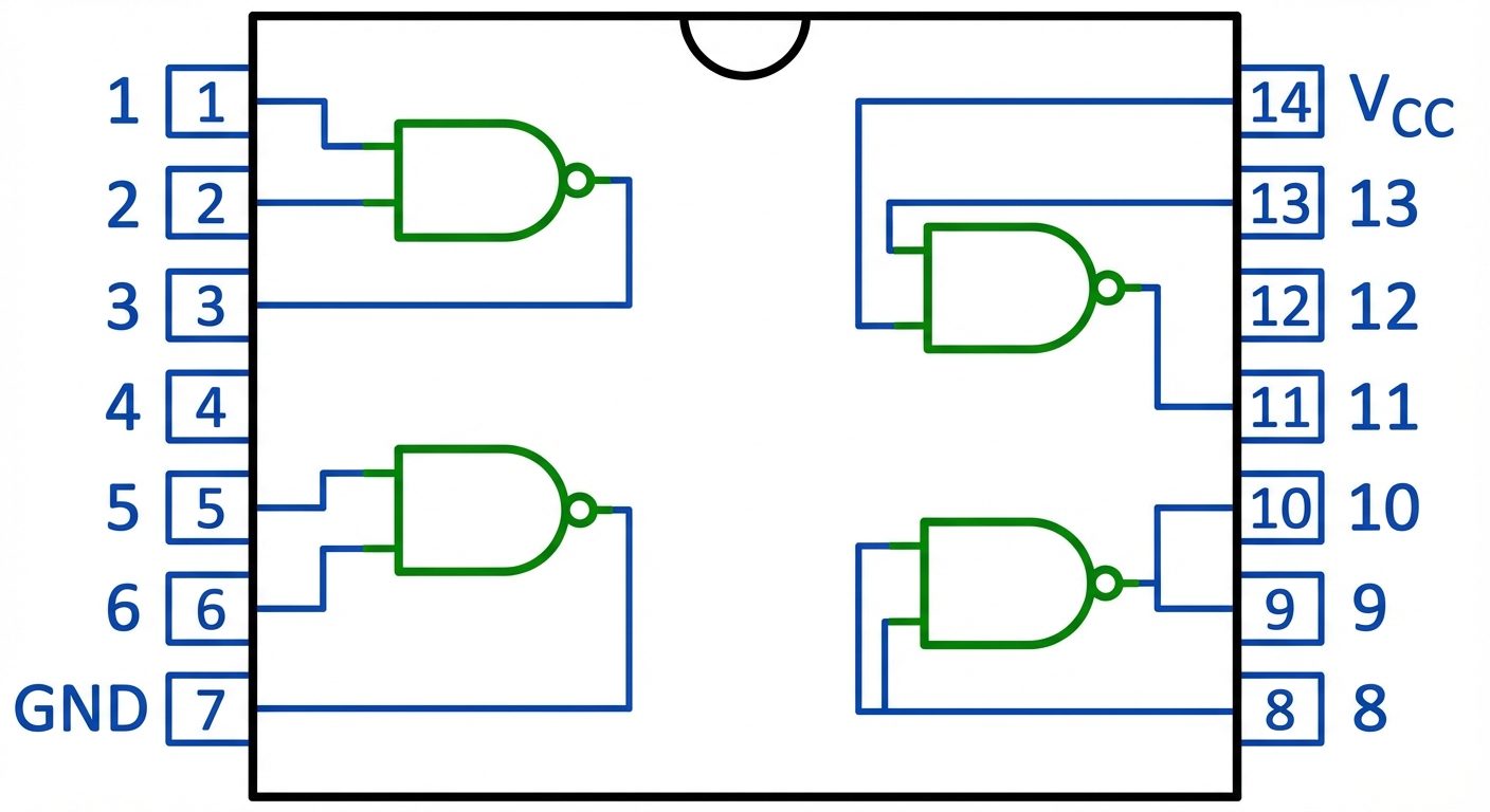 Detailed pin diagram of IC 7400 (Quad 2-Input NAND Gate). 14-pin DIP package. Pin 7 is GND, Pin 14 i...