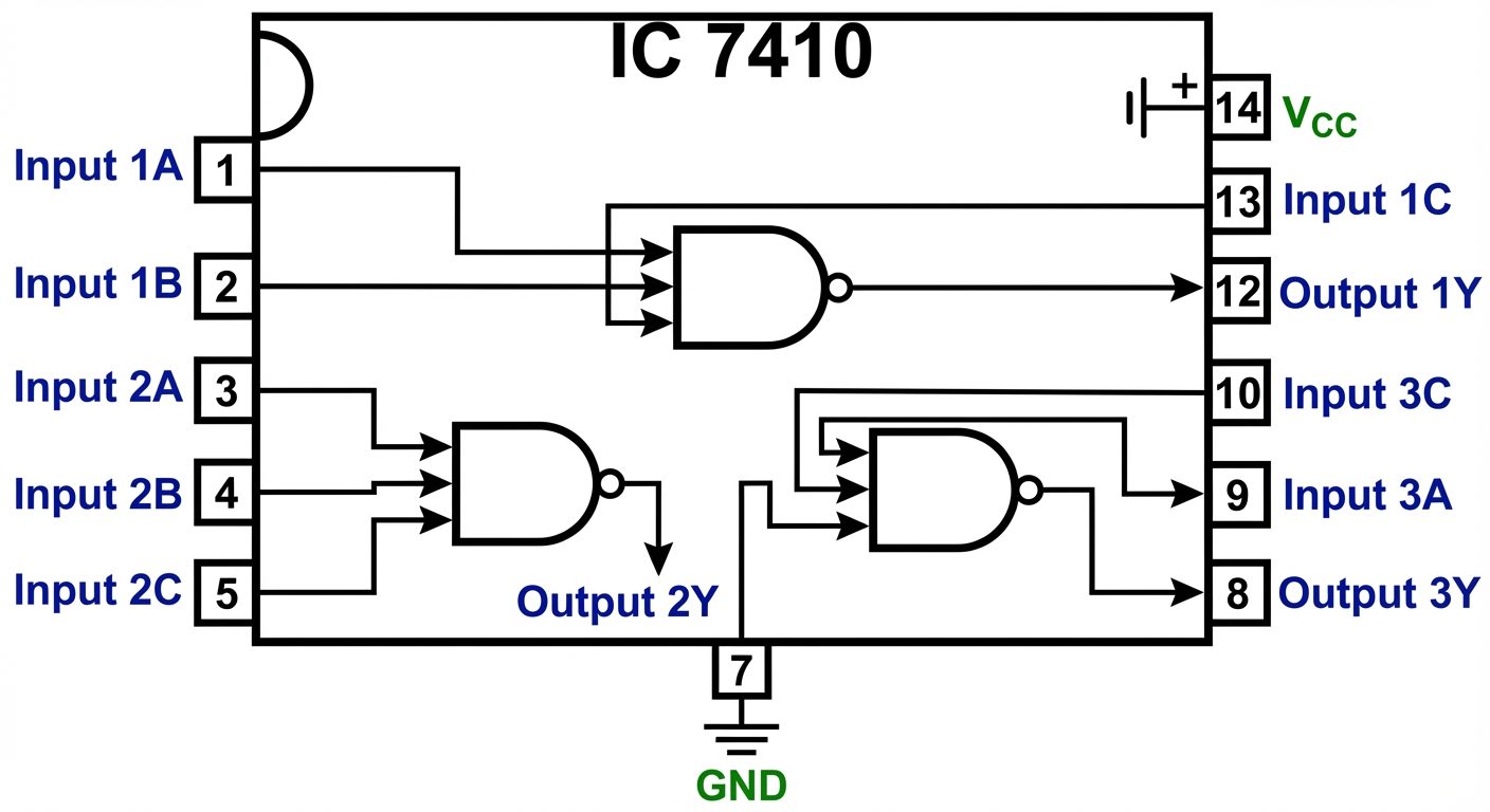 Detailed pin diagram of IC 7410 (Triple 3-Input NAND Gate). 14-pin DIP package. Pin 7 is GND, Pin 14...