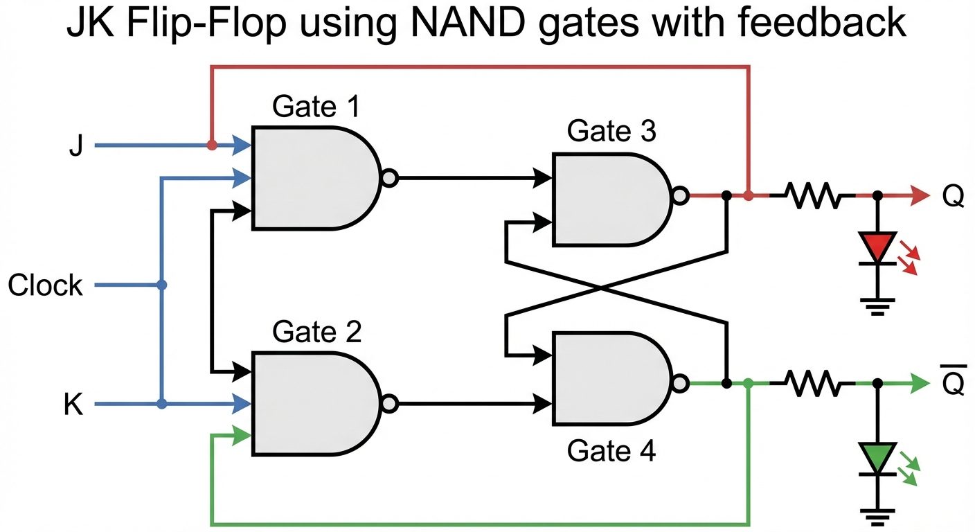 Comprehensive schematic circuit diagram for a JK Flip-Flop using NAND gates. On the left, show two 3...