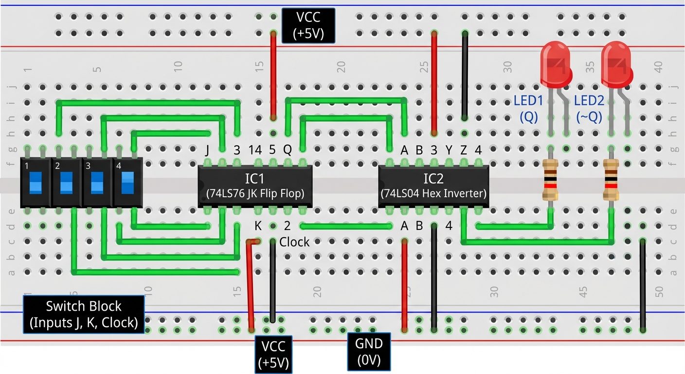 Realistic breadboard layout diagram top-down view. Show two ICs placed on a white breadboard. Red wi...