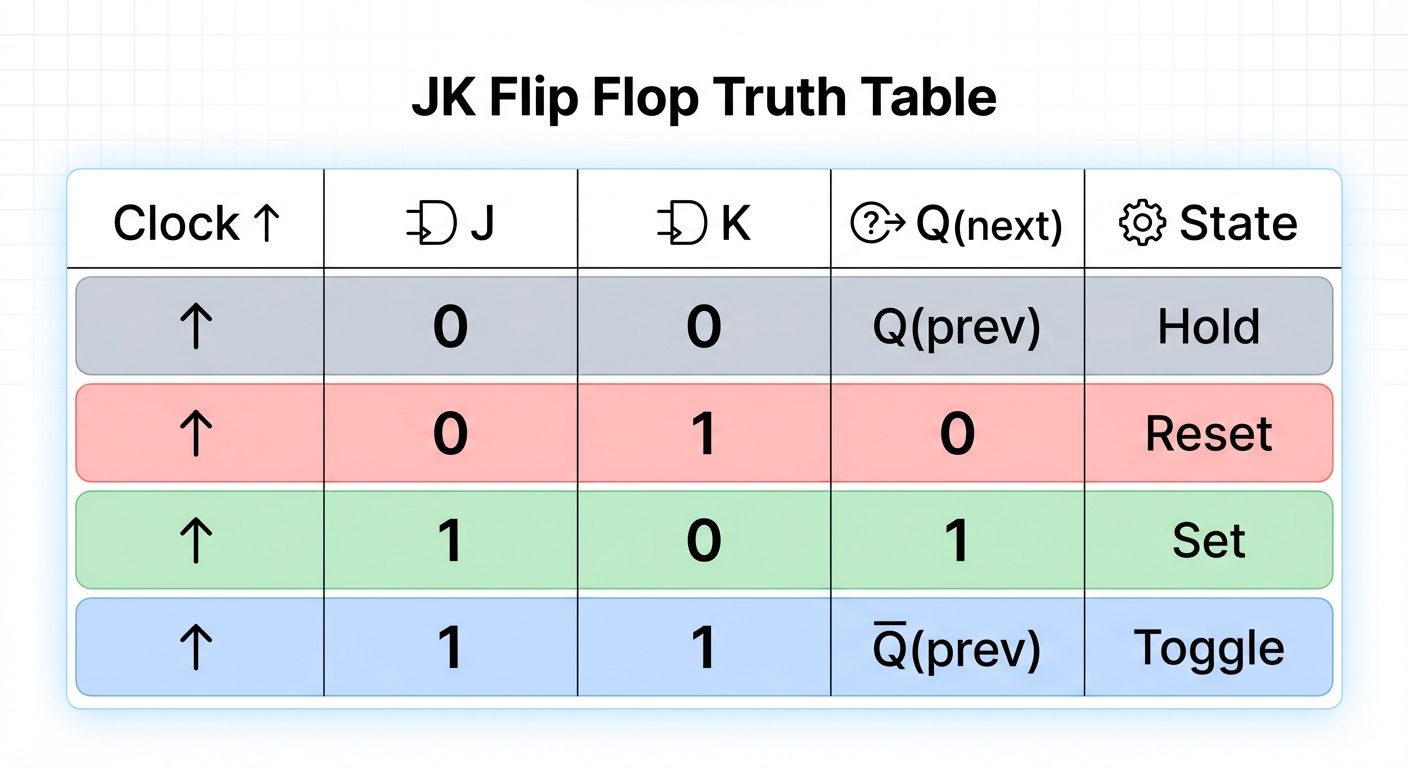 A clean, colorful digital Truth Table graphic for JK Flip Flop. Columns: Clock, J, K, Q(next), State...