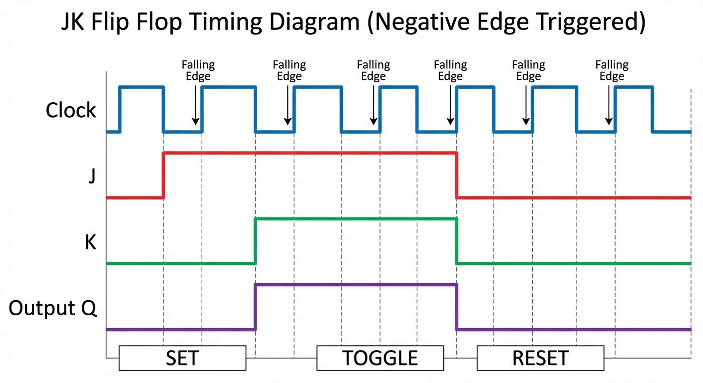 Timing diagram waveform for a JK Flip Flop. Show four horizontal lines: Clock, J, K, and Output Q. S...