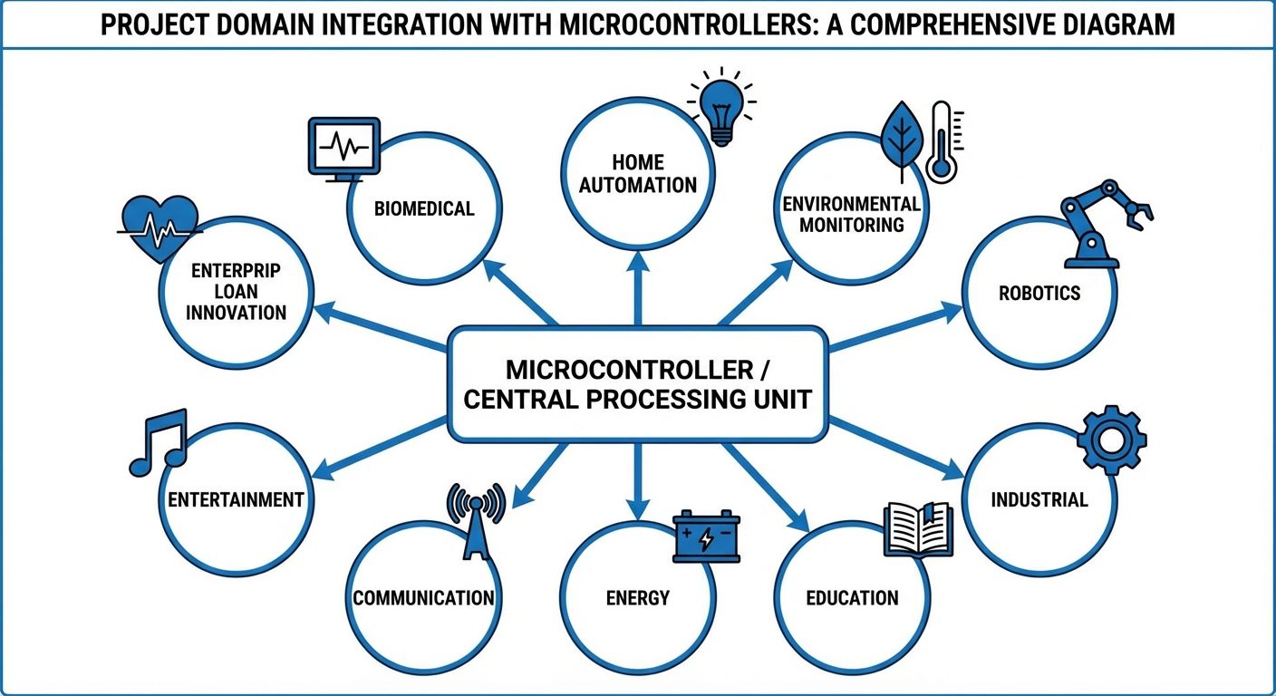 A comprehensive block diagram illustrating the 9 project areas. In the center, place a "Microcontrol...