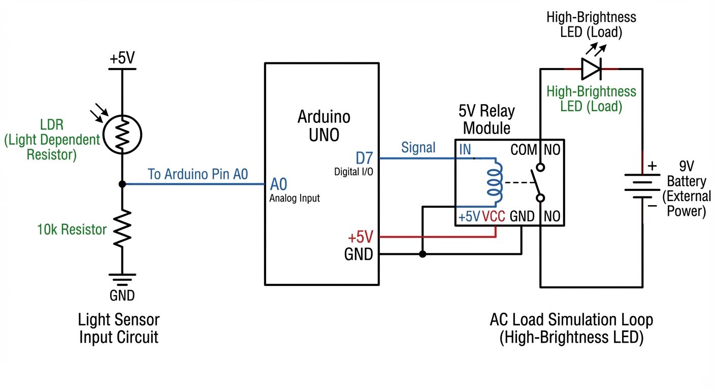 A detailed electronic circuit schematic for a Home Automation prototype. Left side: An LDR (Light De...