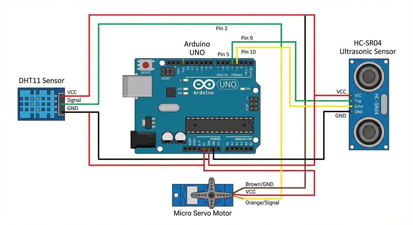 A detailed wiring diagram for a Multi-Sensor Monitor. Show an Arduino UNO board in the center. Conne...