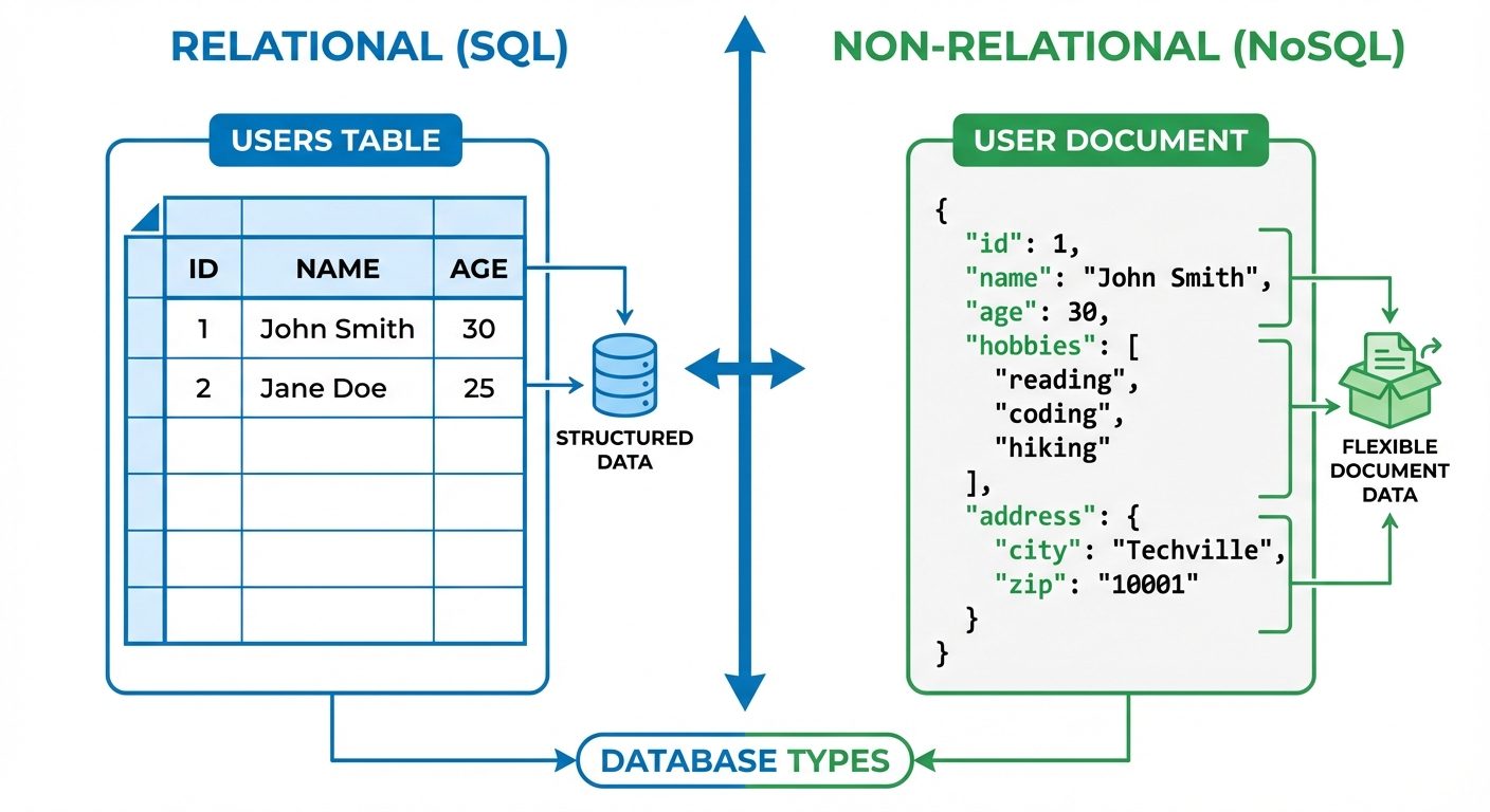 A split-screen comparison diagram. On the left side, labeled "Relational (SQL)", draw a structured t...