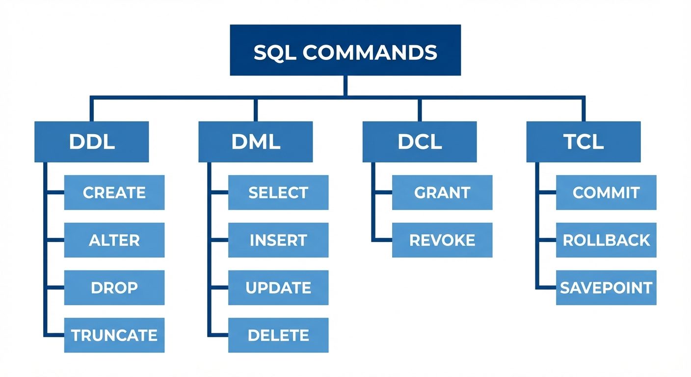 A detailed hierarchical tree diagram illustrating the Classification of SQL Commands. The root node ...