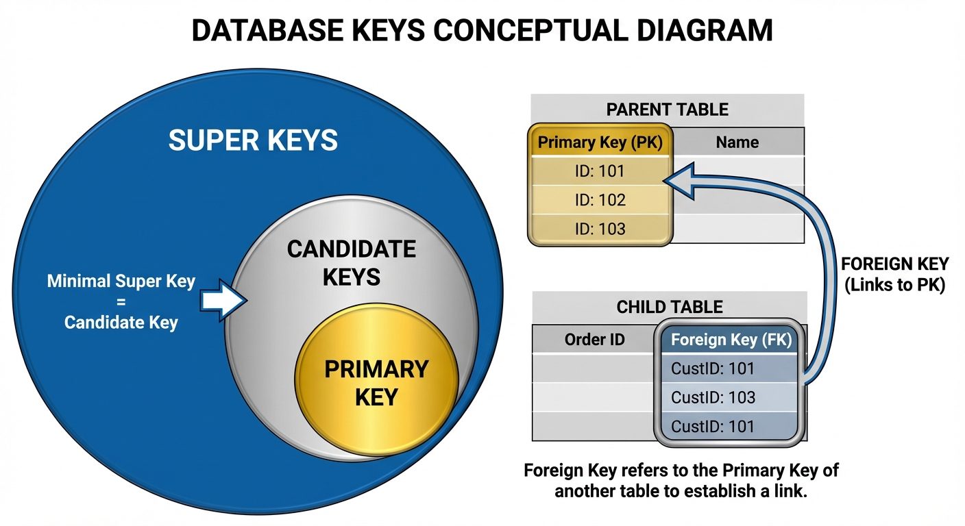 A conceptual diagram visualizing different types of Database Keys using a Venn diagram style or nest...