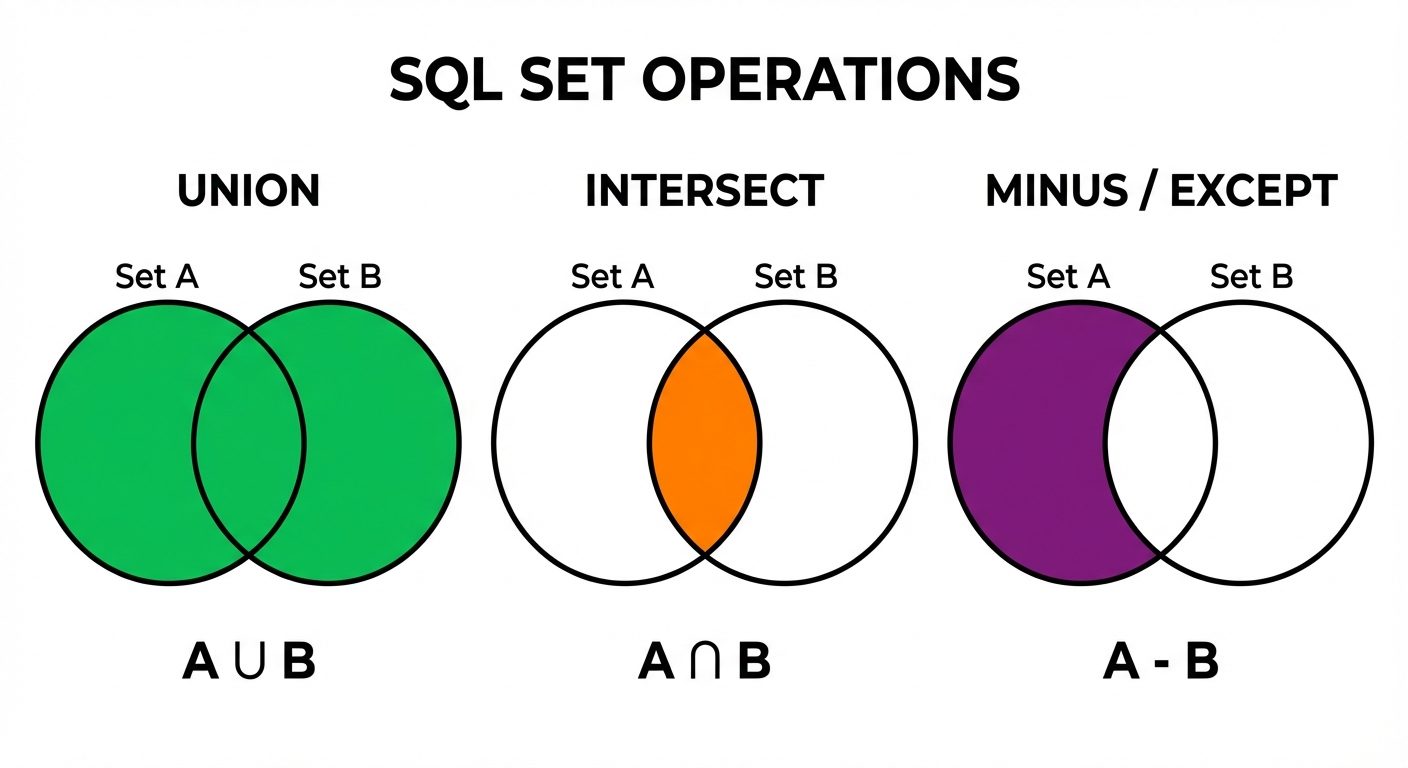 A visual diagram explaining SQL Set Operations (UNION, INTERSECT, MINUS/EXCEPT) using three distinct...