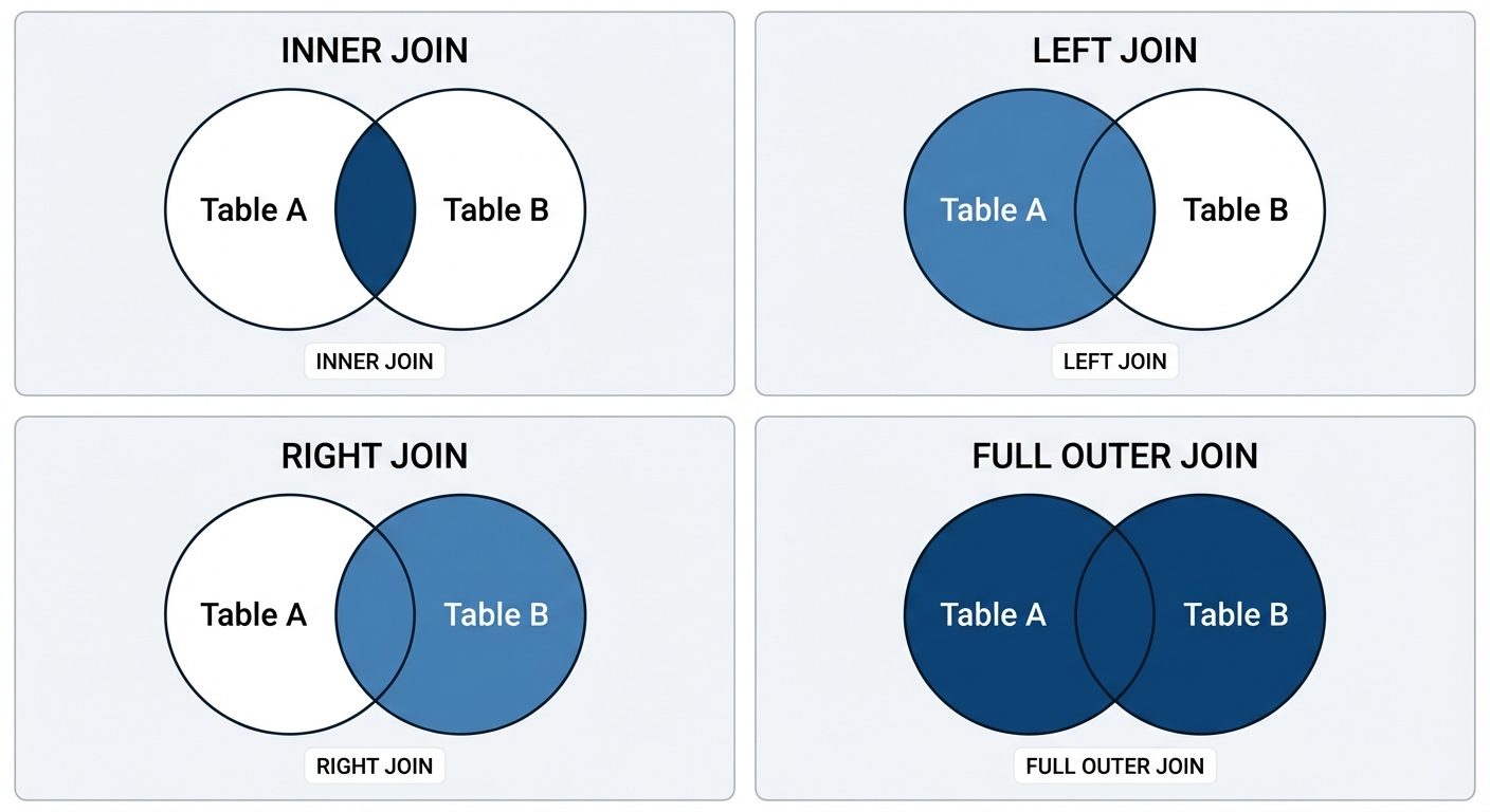 A set of four Venn diagrams arranged in a 2x2 grid illustrating SQL Join types.
- Top-Left: "Inner...