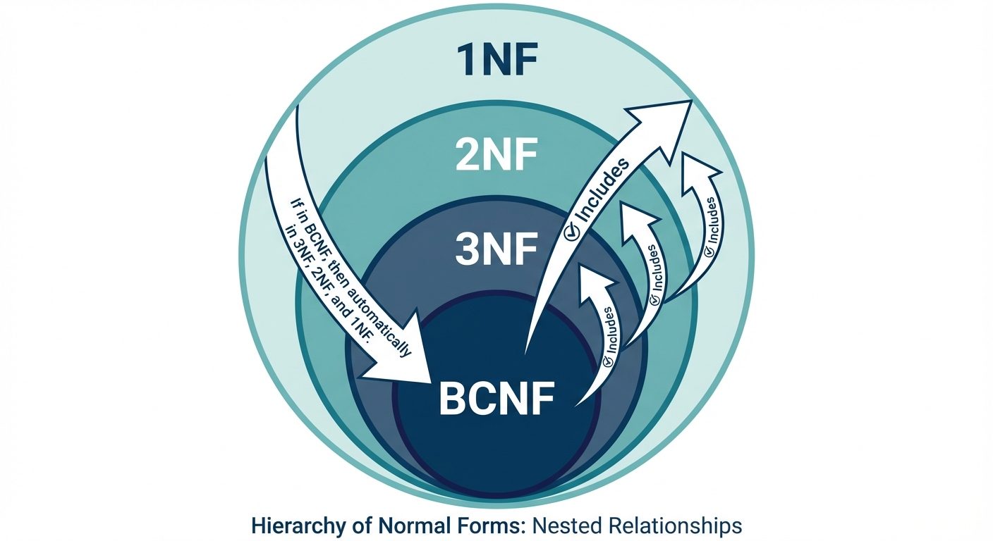 A nested Venn diagram or concentric circles illustrating the hierarchy of Normal Forms. The largest ...