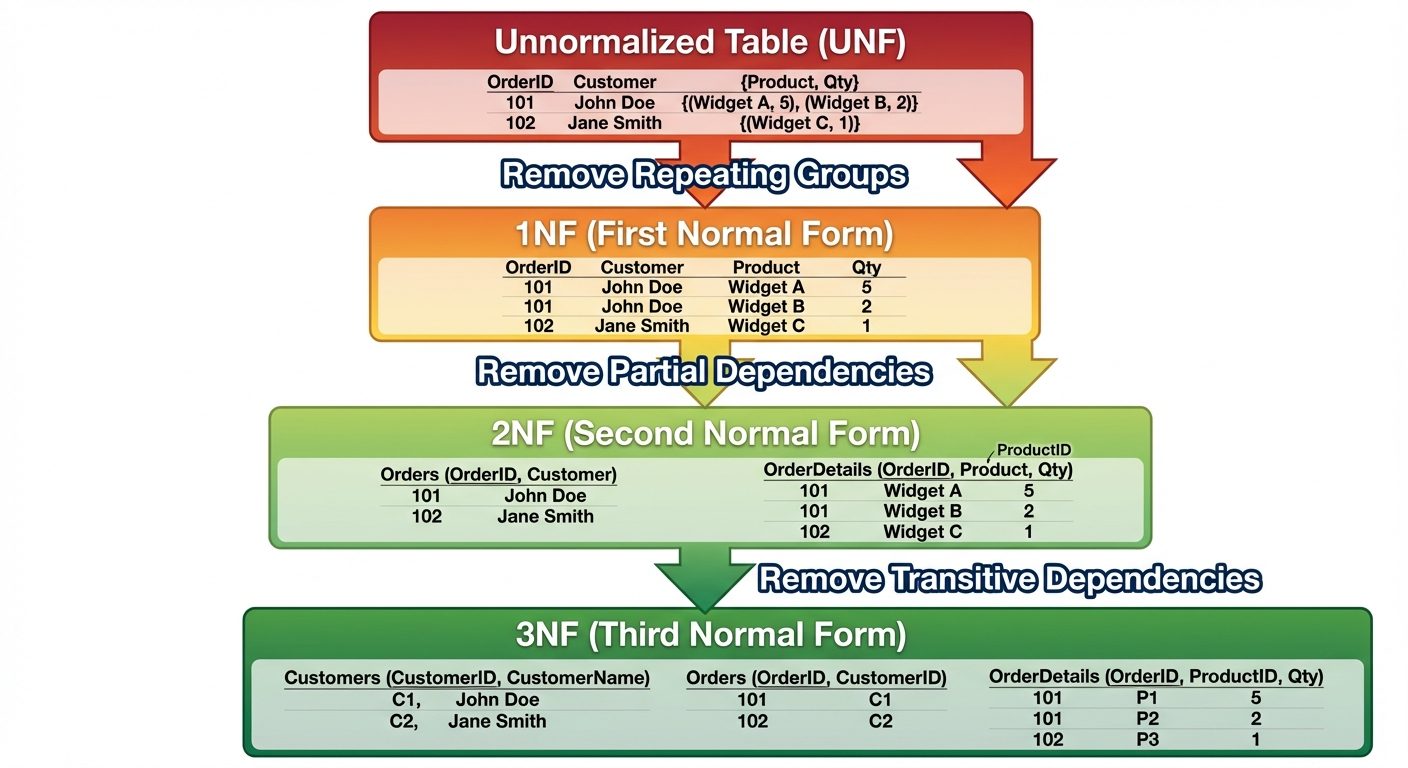 A flowchart diagram visualizing the decomposition process from 1NF to 3NF. The top level shows a "Un...
