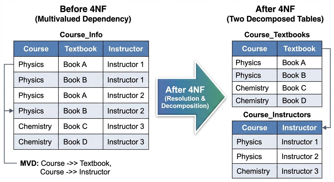 A diagram illustrating Multivalued Dependency and 4NF resolution. The left side shows a single table...