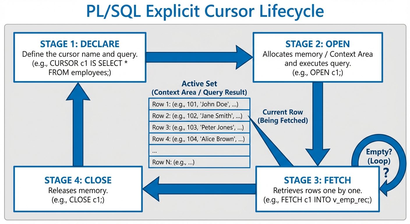 A detailed technical diagram illustrating the Lifecycle of an Explicit Cursor in PL/SQL. The diagram...