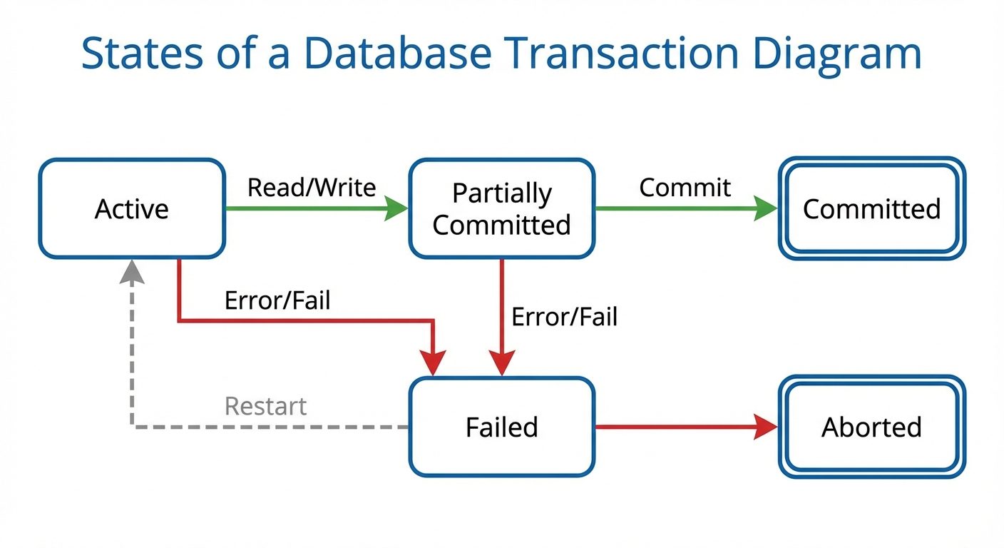 A state transition diagram showing the "States of a Database Transaction". The diagram consists of o...