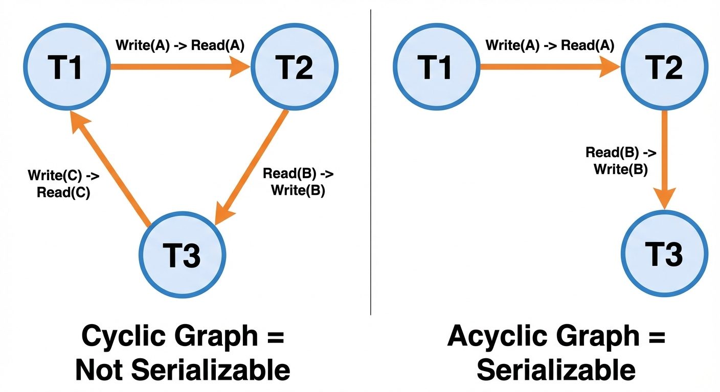 A diagram illustrating a Precedence Graph for Conflict Serializability testing. The image should sho...