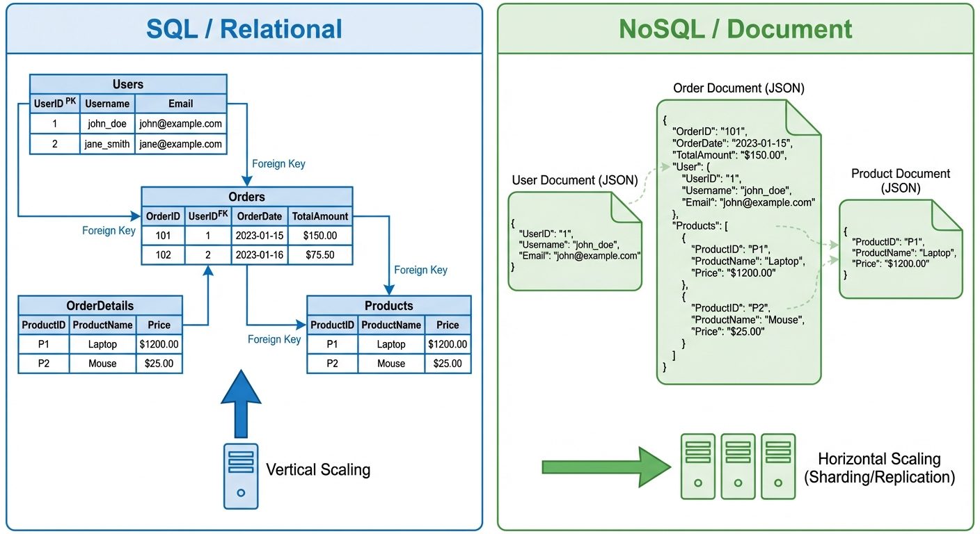 A split-screen comparison diagram. On the left side, labeled "SQL / Relational", show three connecte...