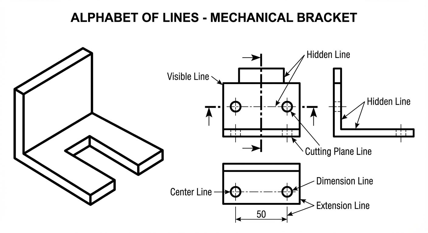 A comprehensive technical diagram illustrating the 'Alphabet of Lines' applied to a simple mechanica...