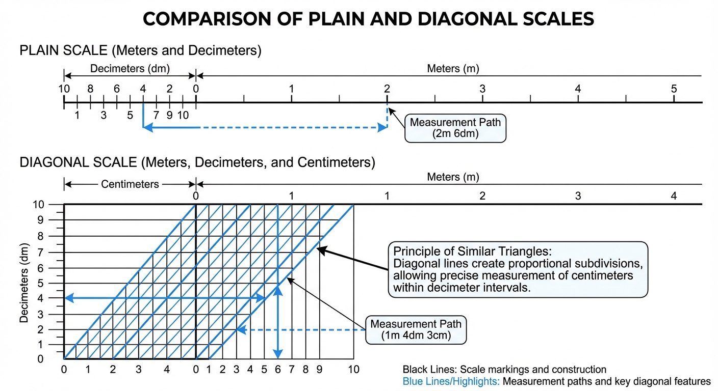 A detailed educational diagram comparing a Plain Scale and a Diagonal Scale. The top half shows a 'P...