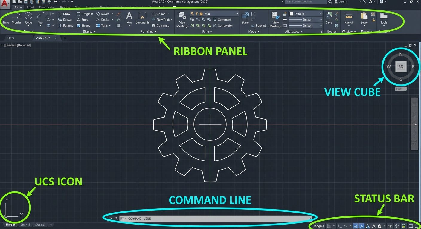 A realistic, labeled screenshot diagram of the AutoCAD software interface (dark theme). Key areas sh...