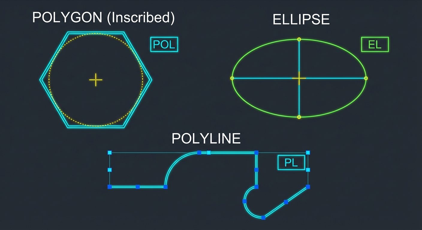 A detailed infographic displaying AutoCAD geometric command outputs on a dark CAD workspace backgrou...