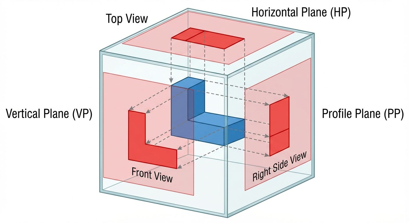 A detailed technical diagram illustrating the "Glass Box" concept of orthographic projection. The ce...