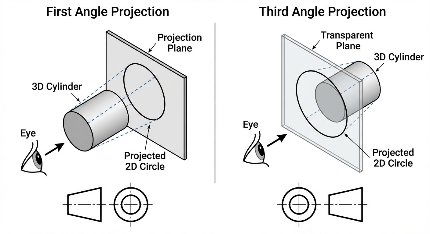 A split comparison diagram showing First Angle vs. Third Angle Projection. The left side (First Angl...