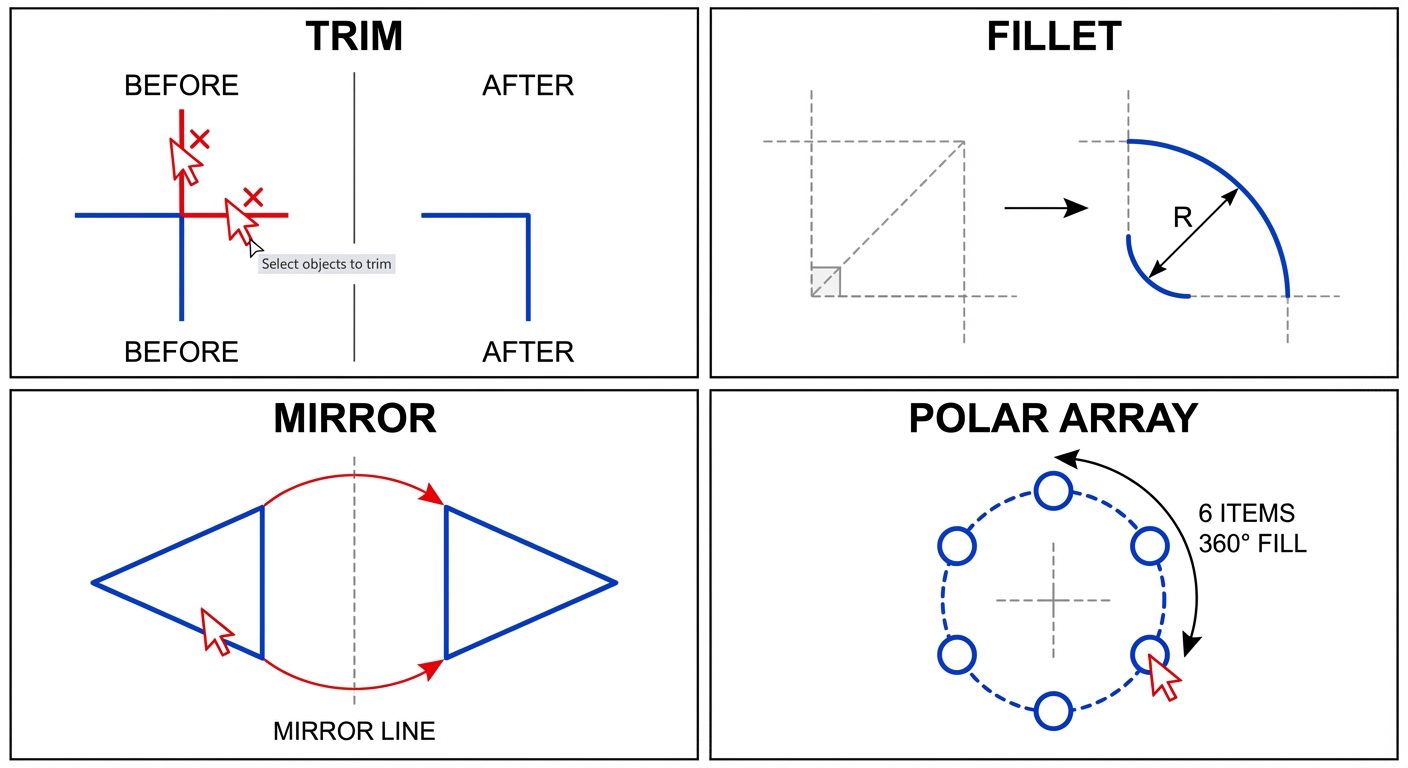 A grid of four diagrammatic panels illustrating AutoCAD Modify commands.
Panel 1 (Top Left) "TRIM": ...