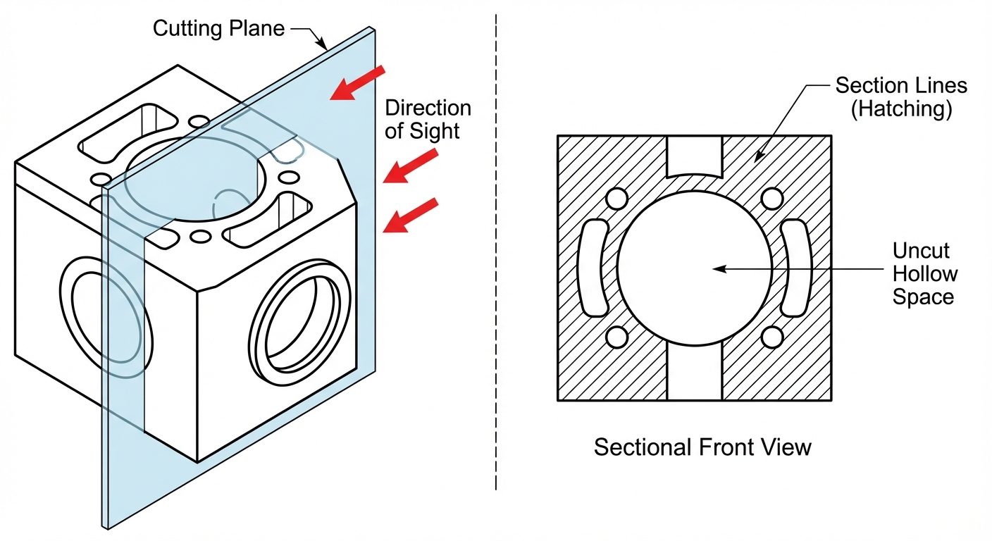 A comprehensive technical diagram illustrating the concept of a Sectional View. On the left, a 3D is...