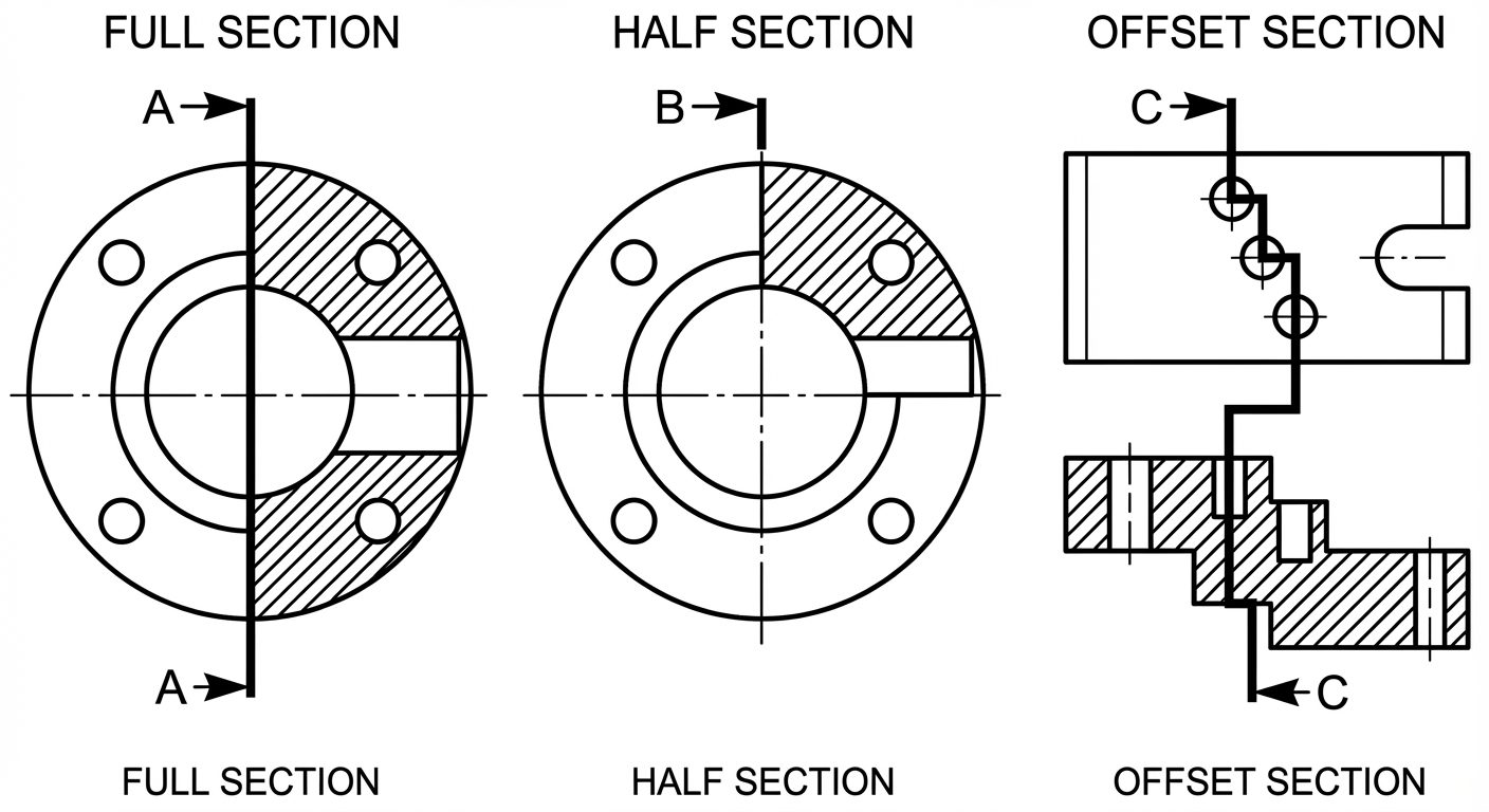 A three-part comparison diagram showing Types of Sections. Part A: "Full Section" showing a pipe fla...