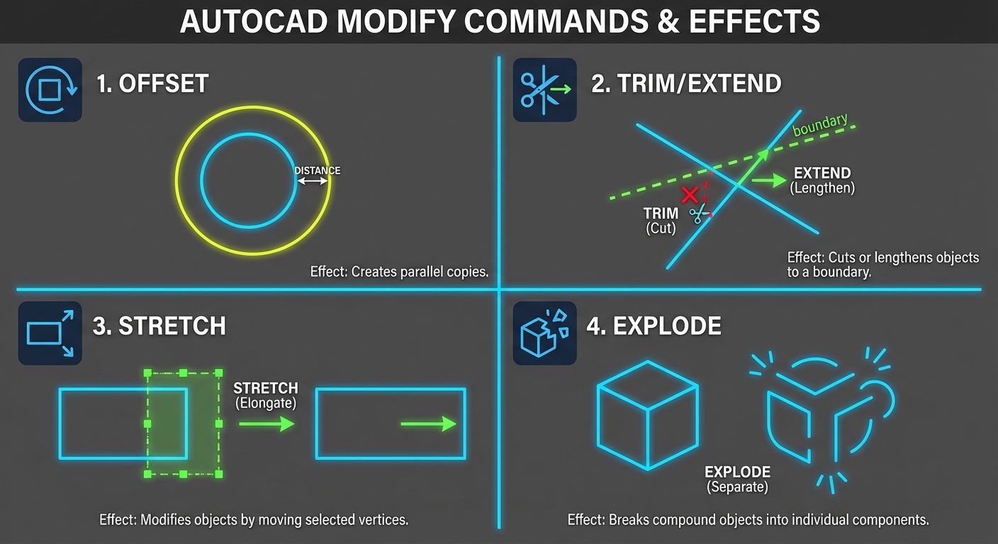 An educational infographic displaying AutoCAD Modify Commands icons and their effects. The layout is...